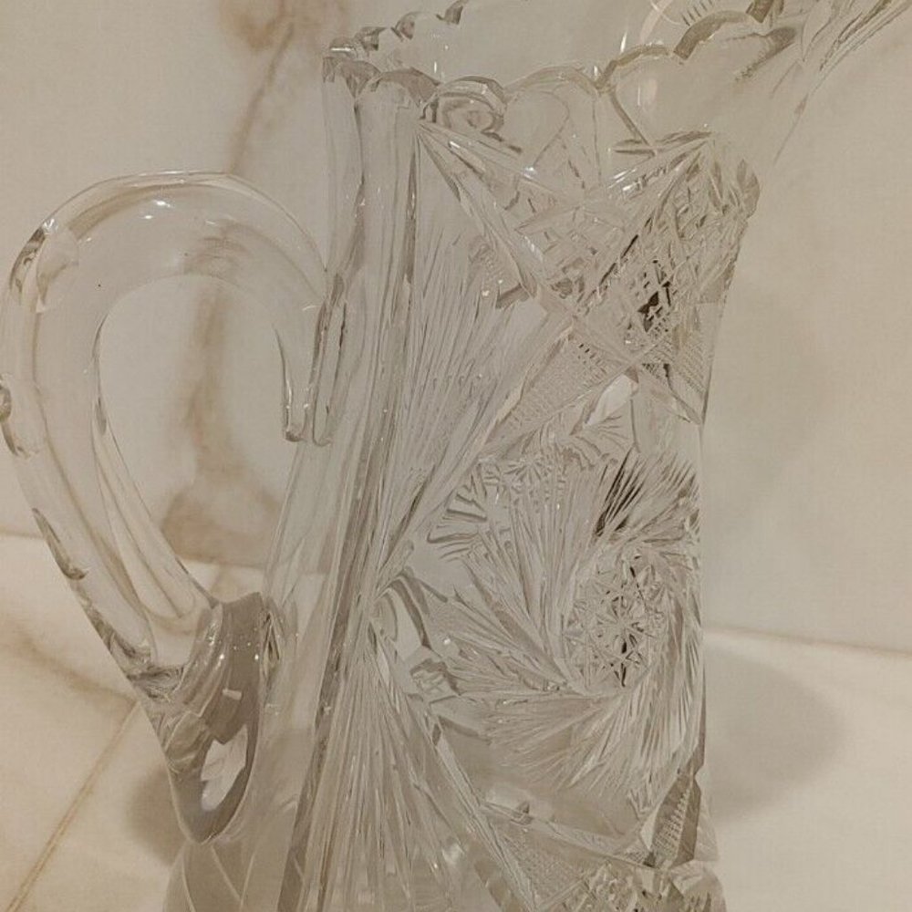 American Brilliant Period ABP Cut Glass Pitcher Pinwheel Star Burst Sawtooth 9.5